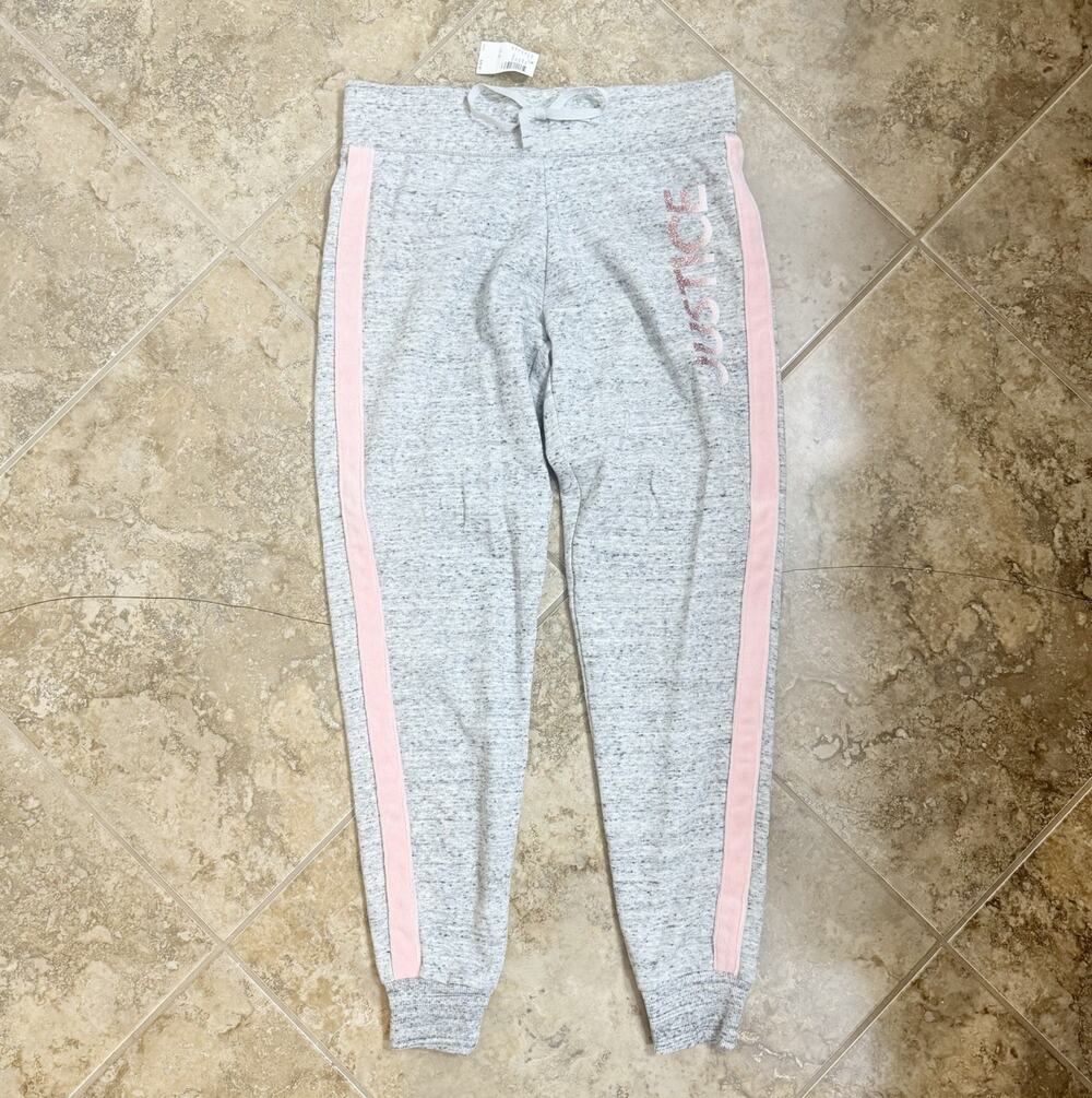Justice Girls Gray/Pink Side Stripe Fleece Jogger Pants, Size 20